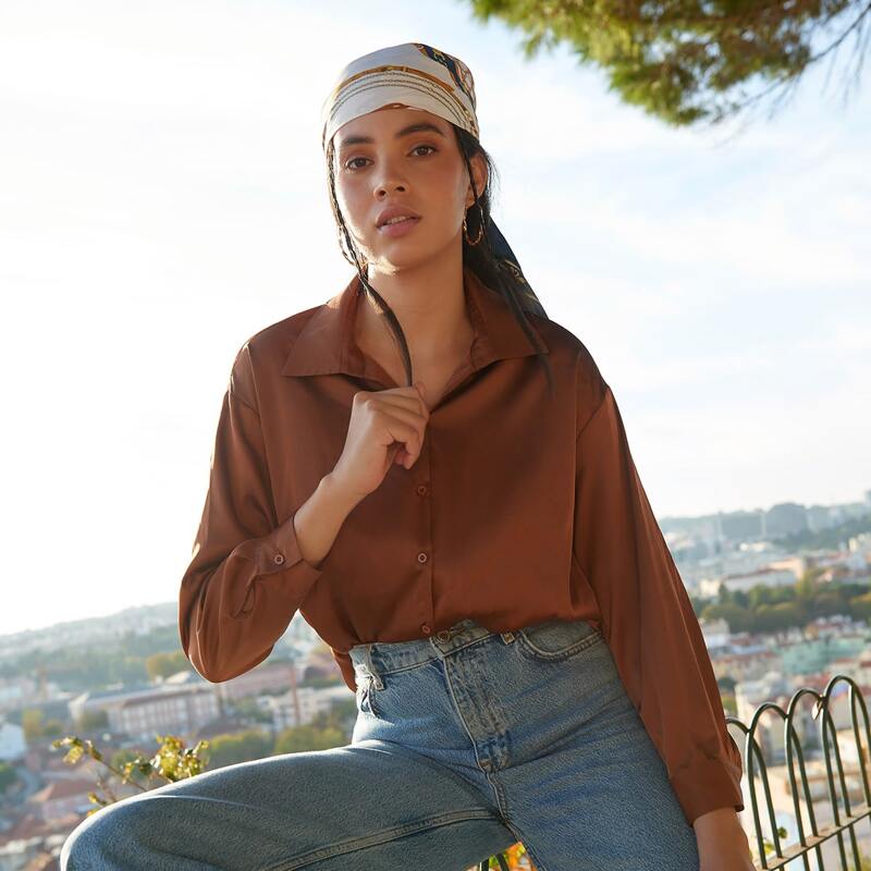 

Drop Shoulder Curved Hem Satin Blouse, Coffee brown