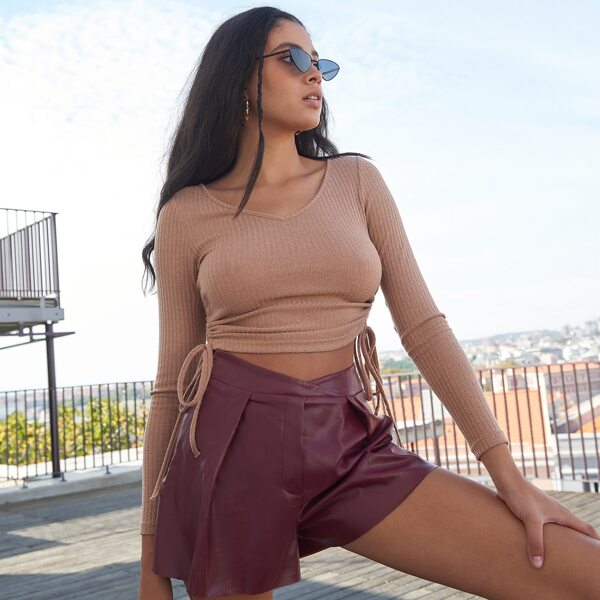 

V-neck Drawstring Side Crop Tee, Khaki