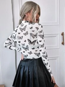 SHEIN Essnce Top corto de malla con mariposa ribete en forma de lechuga sin sujetador - Blanco - Ver 2