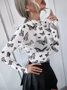 SHEIN Essnce Top corto de malla con mariposa ribete en forma de lechuga sin sujetador - Blanco - Ver 5