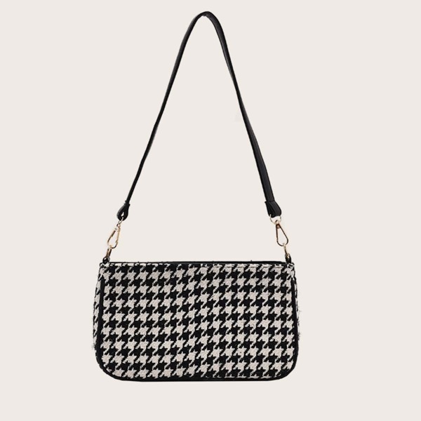 

Houndstooth Pattern Baguette Bag, Black
