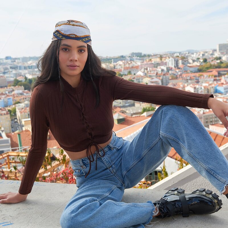 

Lace-up Front Rib-knit Crop Top, Chocolate brown