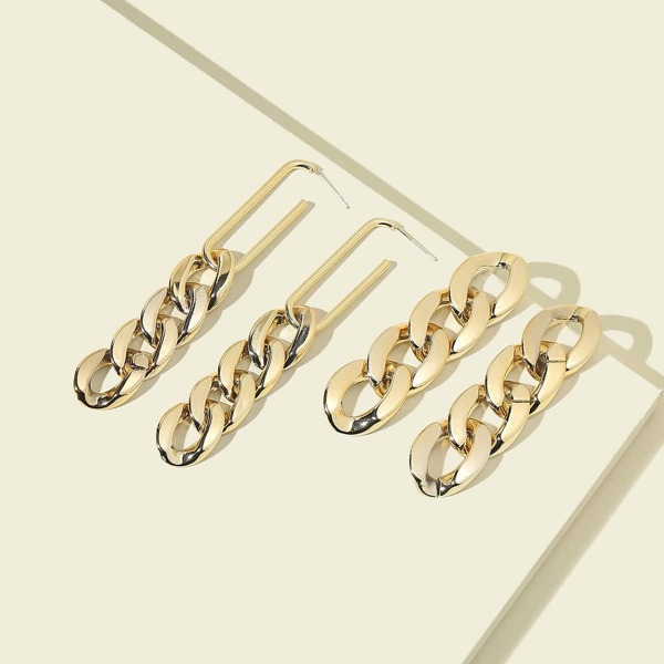 

2pairs Chain Design Earrings, Gold