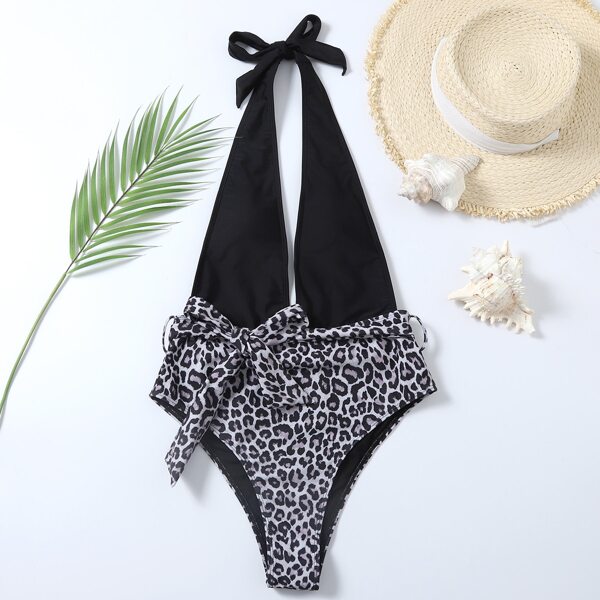 

Leopard Belted Plunging One Piece Swimsuit, Multicolor