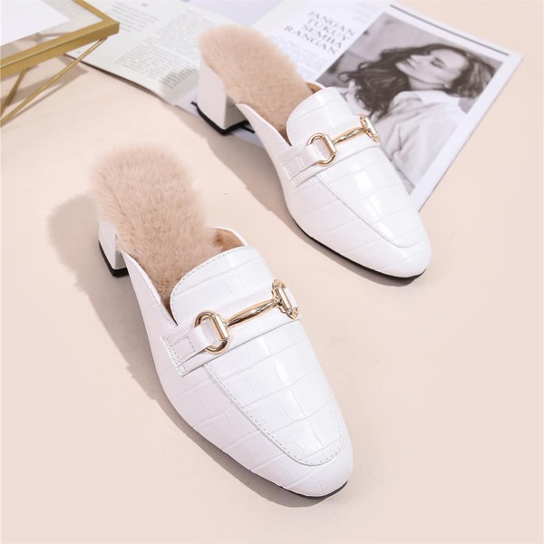 

Croc Embossed Mid Heeled Faux Fur Lined Mules, White