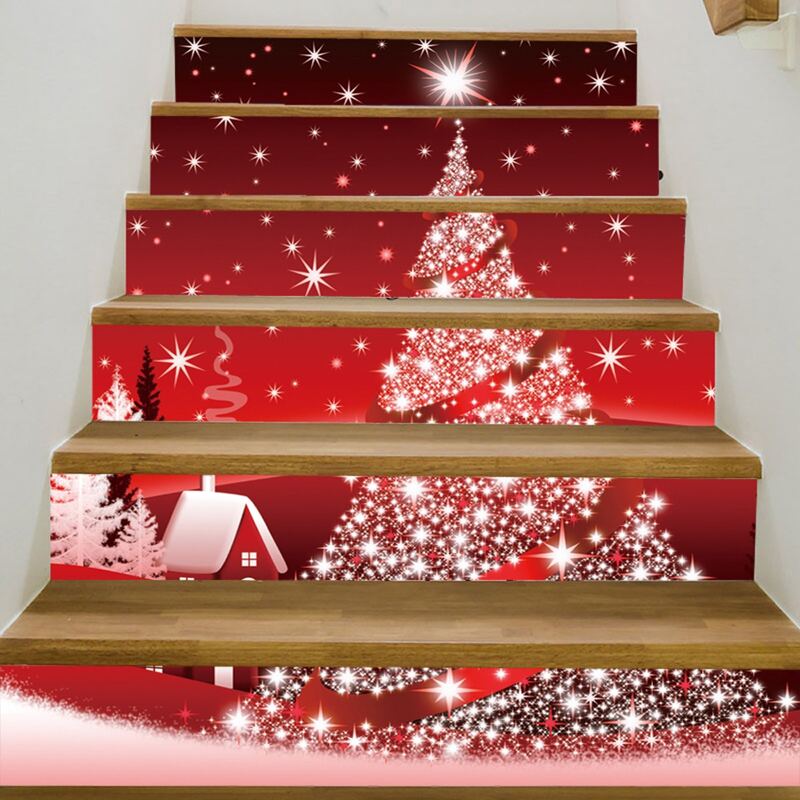 

6pcs Christmas Tree Print Stair Sticker Set, Multicolor
