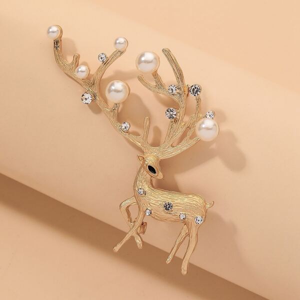 

Christmas Faux Pearl Decor Deer Design Brooch, Gold