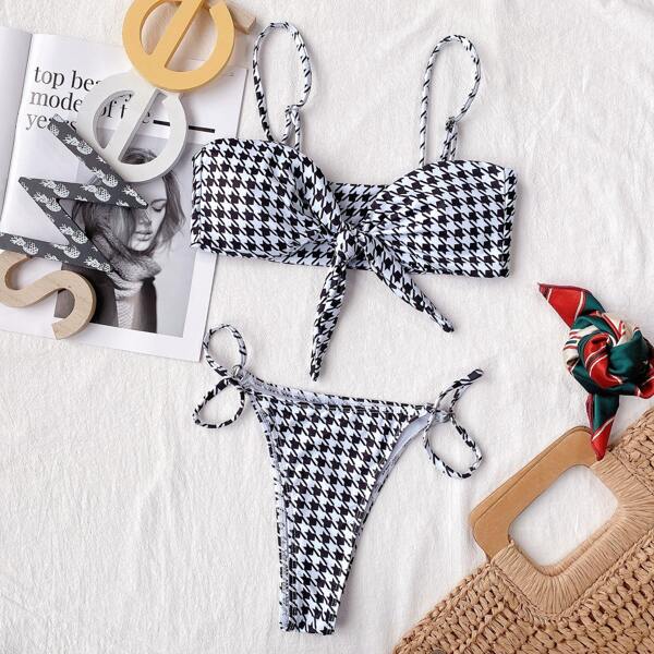 

Houndstooth Knot Front Thong Bikini Swimsuit, Black