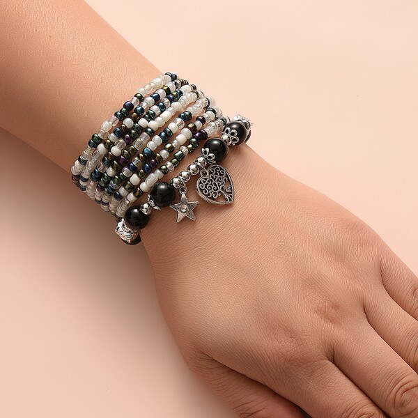 

8pcs Heart Charm Colorful Beaded Bracelet, Multicolor