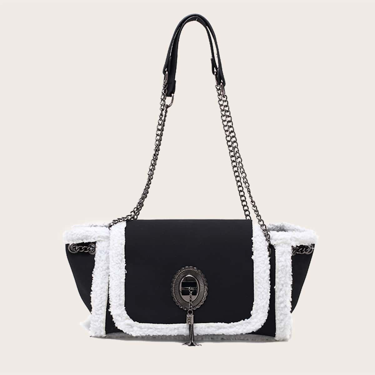 

Tassel Decor Contrast Binding Shoulder Bag, Black