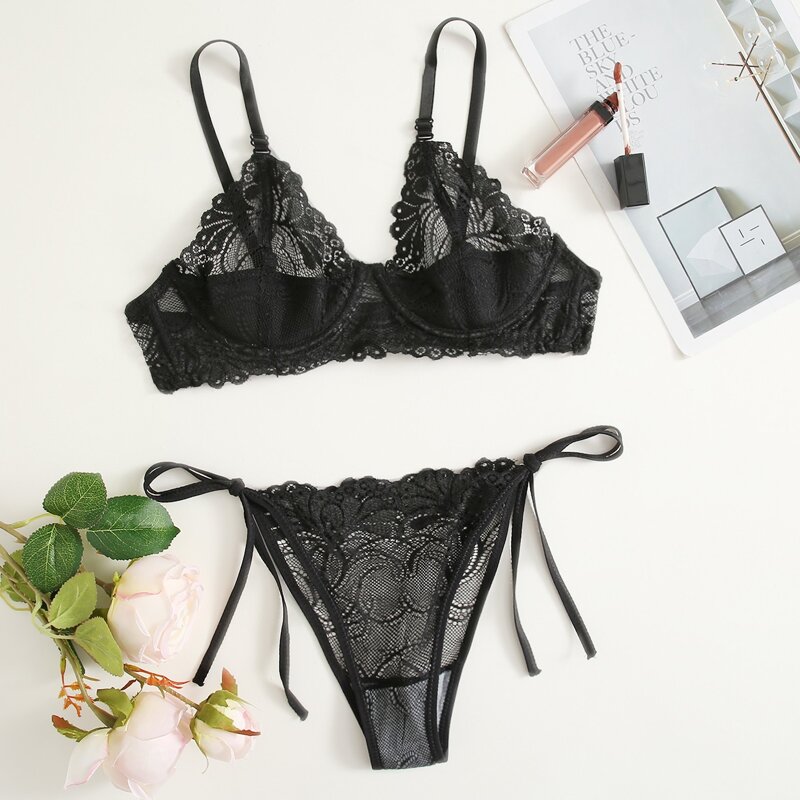 

Solid Lace Sheer Lingerie Set, Black