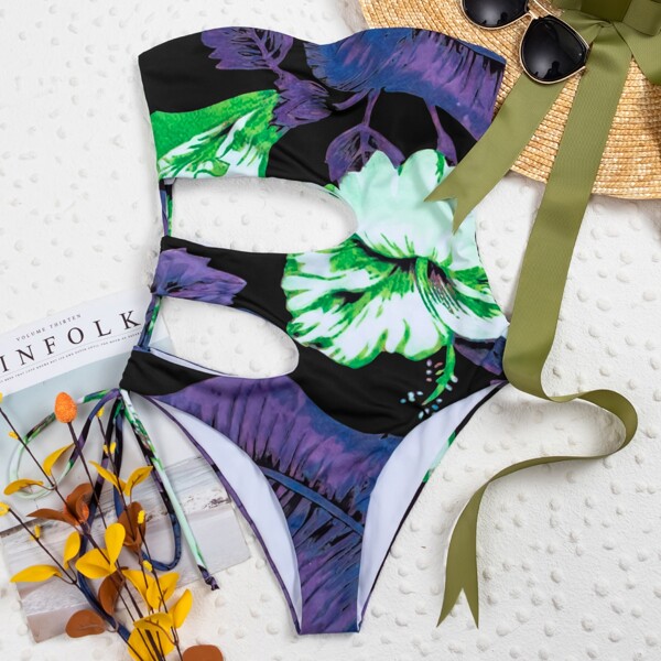 

Tropical Cut-out Bandeau One Piece Swimsuit, Multicolor