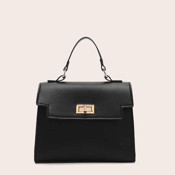 

Turn-lock Flap Satchel Bag, Black