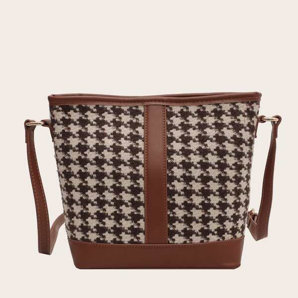 

Houndstooth Graphic Bucket Bag, Brown