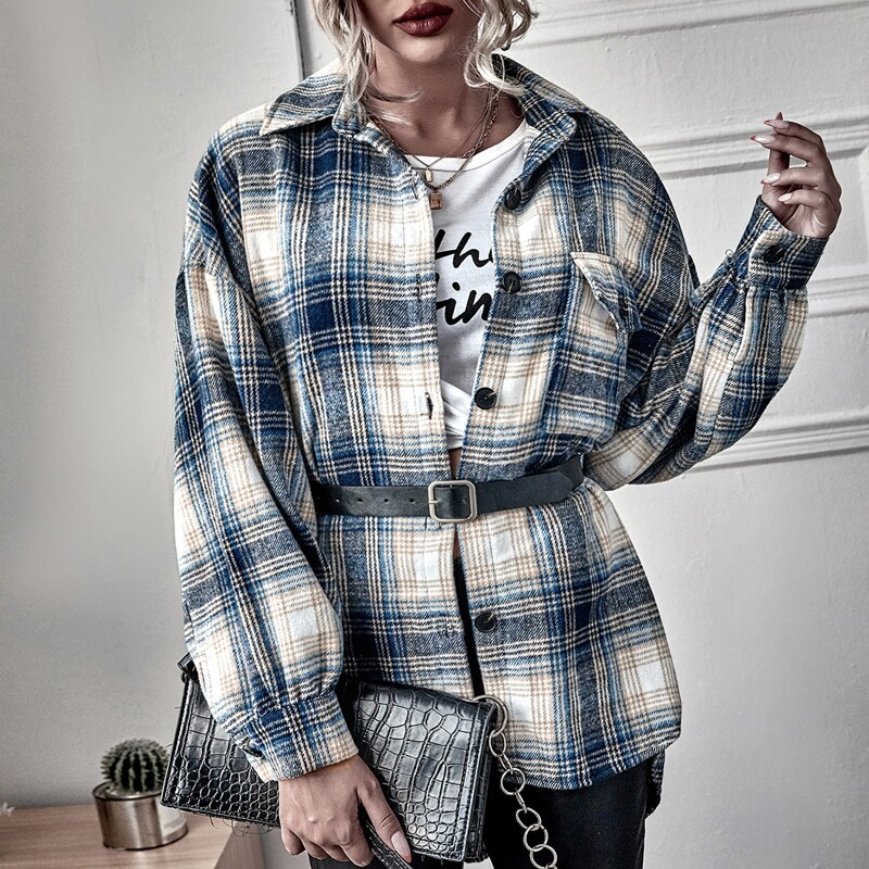 

Tartan Flap Pocket Belted Drop Shoulder Coat, Multicolor