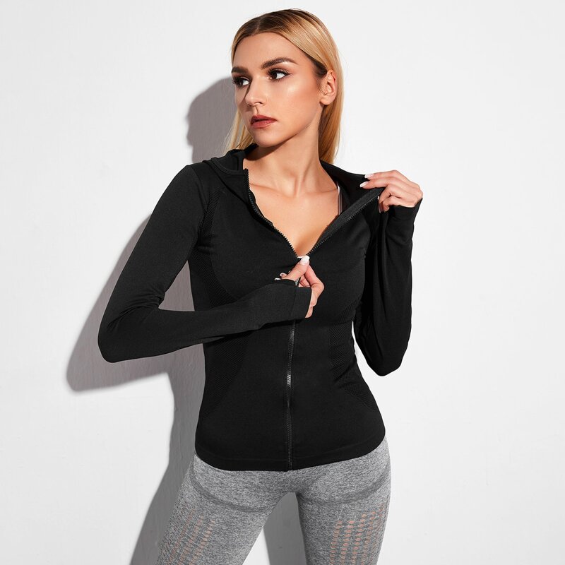 

Solid Zip-up Hooded Sports Jacket, Black