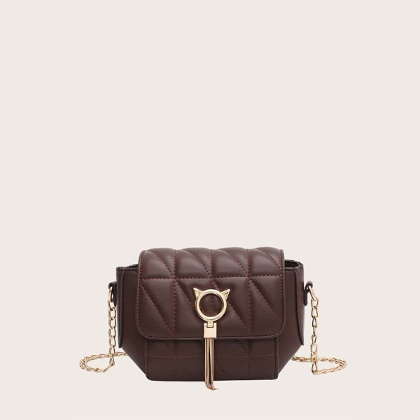 

Metal Tassel Decor Stitch Detail Chain Bag, Coffee brown