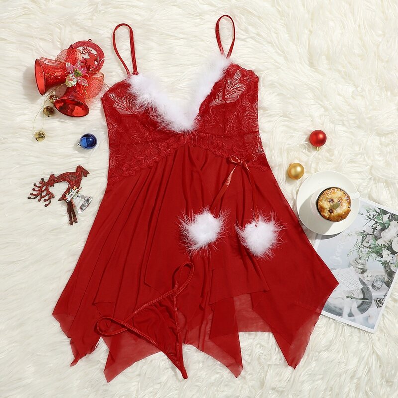 

Fuzzy Trim Lace Slip Dress & Thong, Red