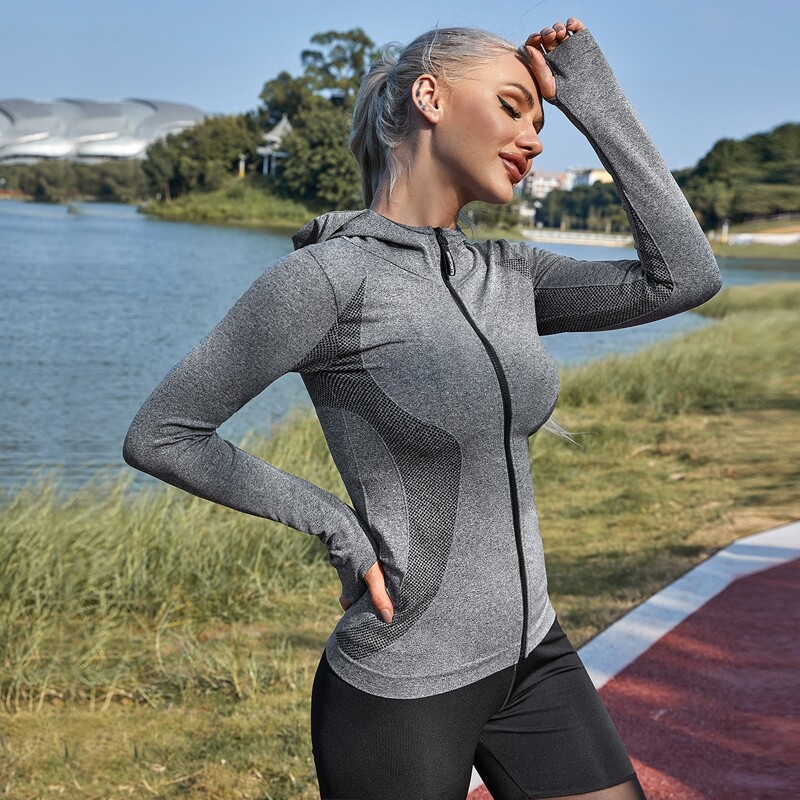 

Zip-up Hooded Sports Jacket With Thumb Hole, Grey