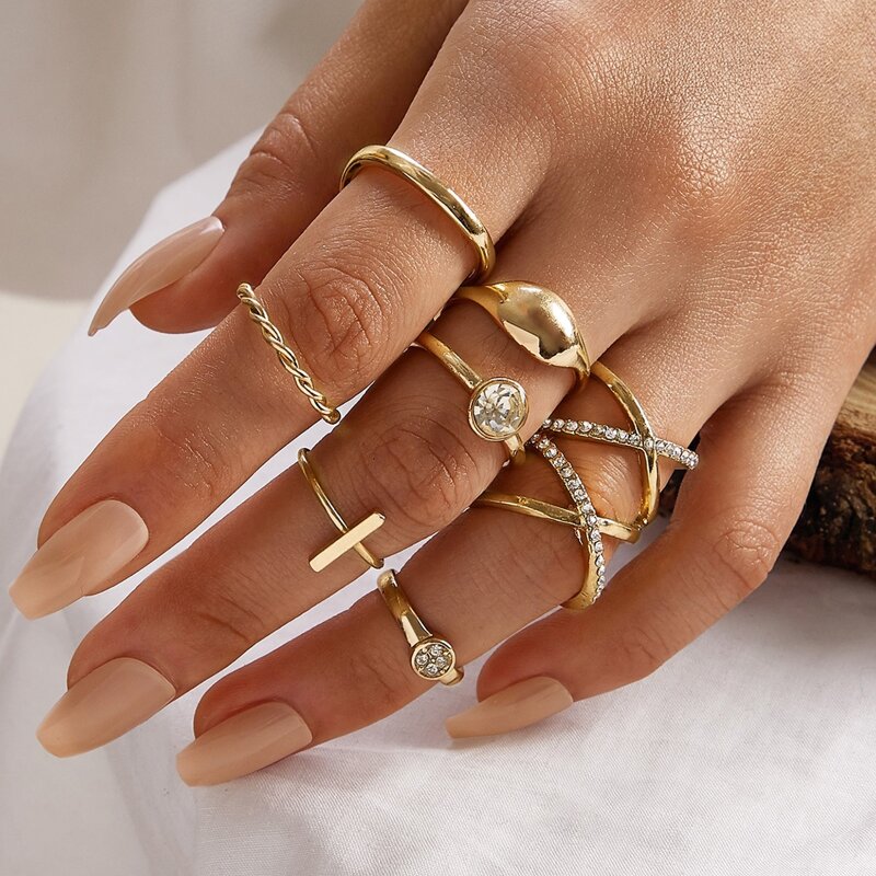 

7pcs Rhinestone Decor Ring, Gold