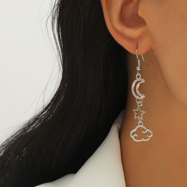 

Hollow Out Star Moon Drop Earrings, Antique silver