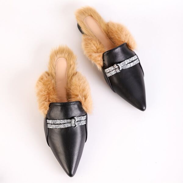 

Glitter Decor Flat Mules, Black