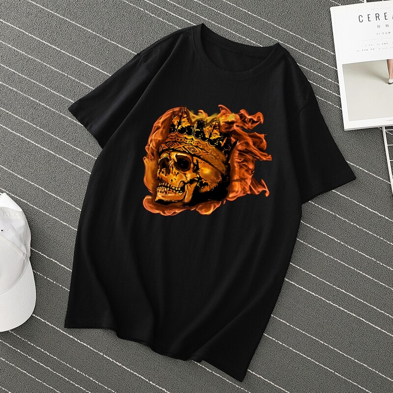 

Men Skull And Fire Print Tee, Black