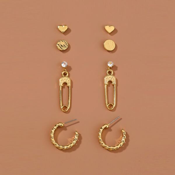 

4pairs Heart & Safety Pin Decor Earrings, Gold
