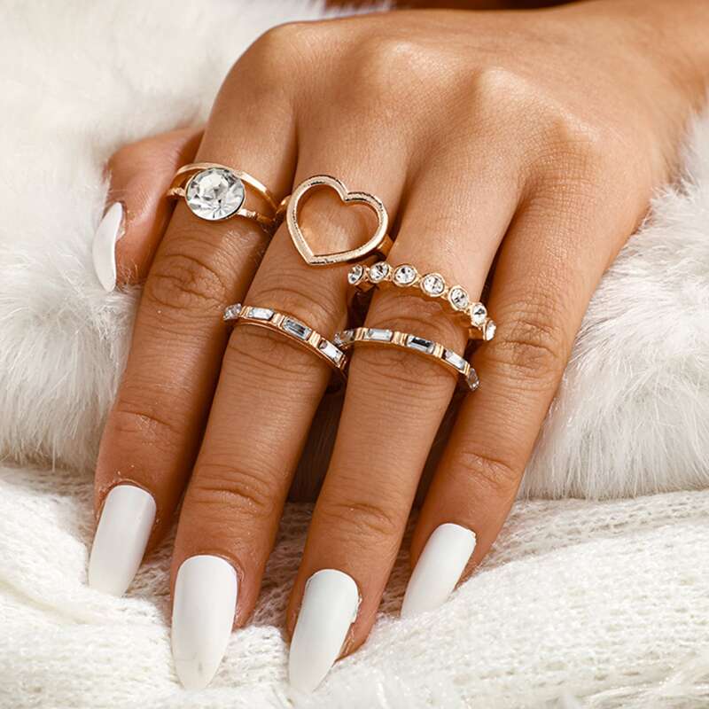 

5pcs Rhinestone Heart Ring, Gold