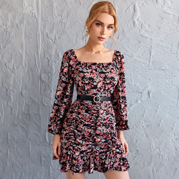 

Square Neck Ruffle Hem Ruched Floral Dress Without Belt, Multicolor
