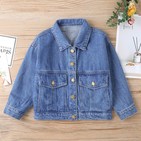 

Girls Flap Pockets Denim Jacket, Medium wash