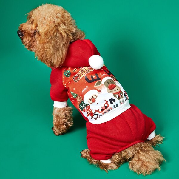 

Christmas Pom-pom Decor Hooded Dog Jumpsuit, Red