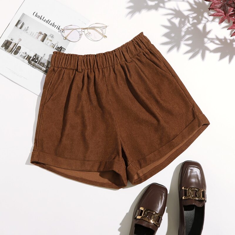 

Solid Corduroy Cuffes Shorts, Brown