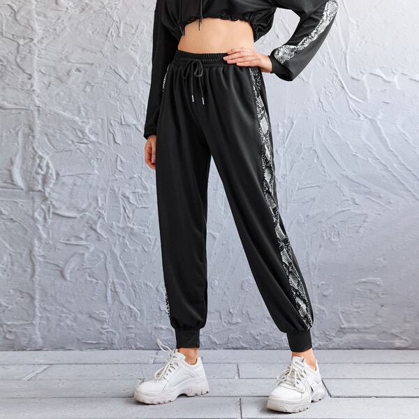 

Snakeskin Panel Drawstring Waist Sweatpants, Black