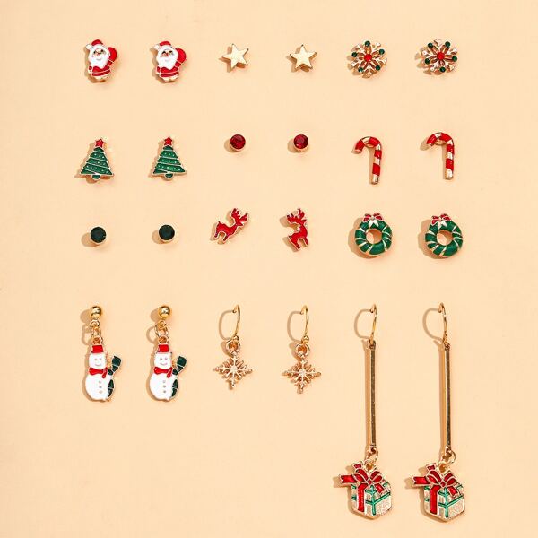 

12pairs Christmas Tree Design Earrings Set, Multicolor