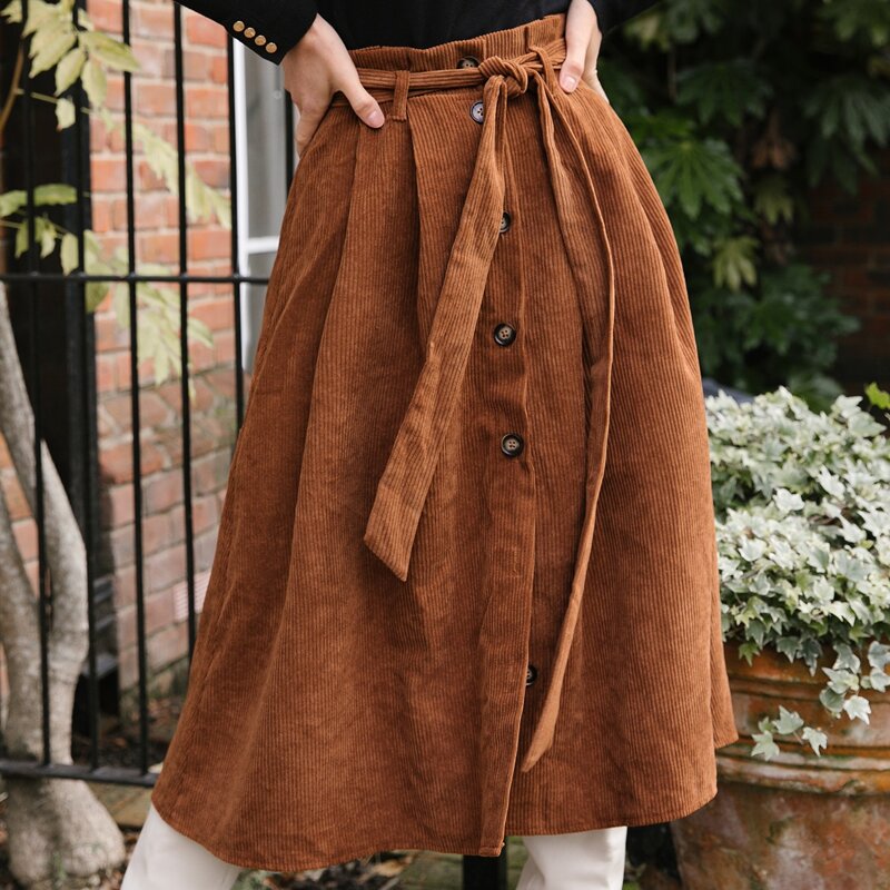 

Paperbag Waist Self Belted Button Up Cord Skirt, Brown