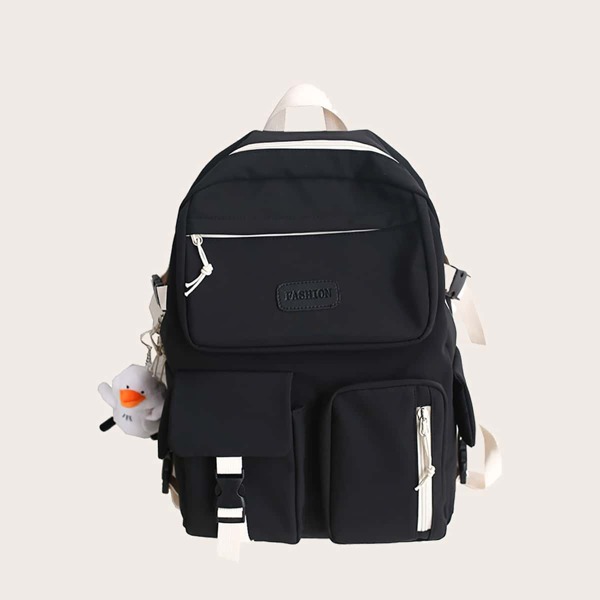 

Men Cartoon Charm Release Buckle Backpack, Black