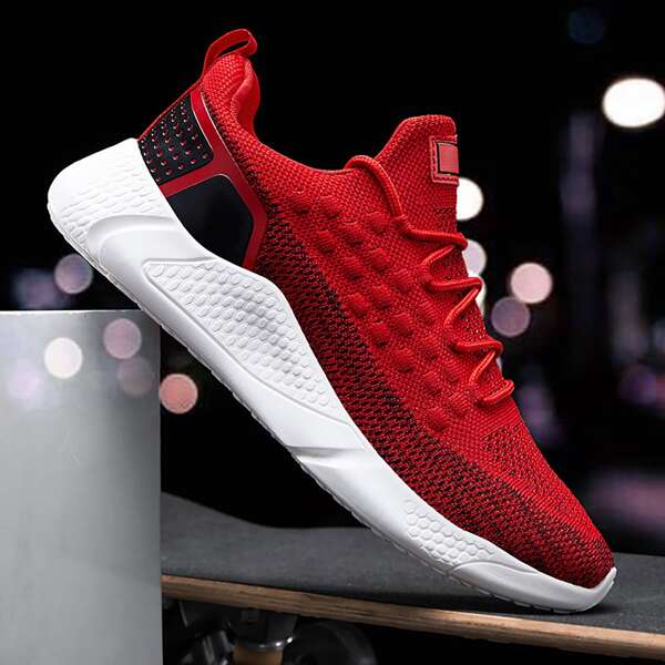 

Men Lace Up Decor Knit Chunky Sneakers, Red