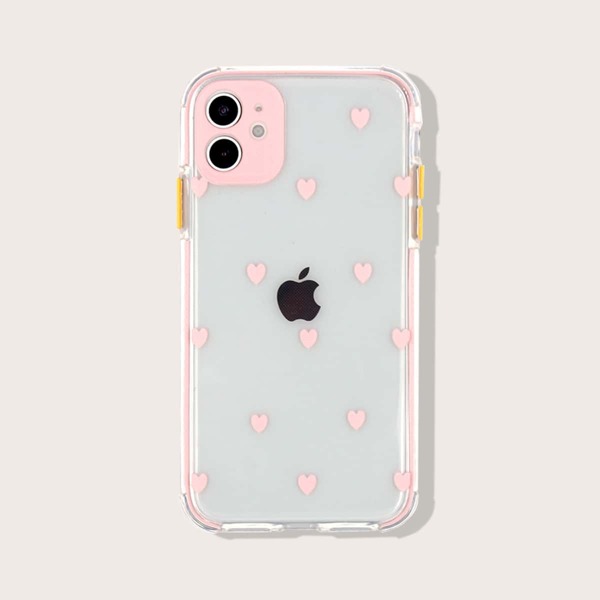 

Heart Print Transparent iPhone Case, Pink clear