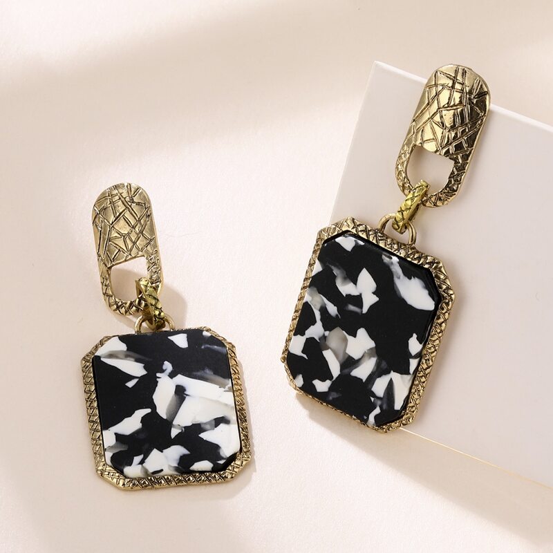 

Cow Print Geo Drop Earrings, Black and white