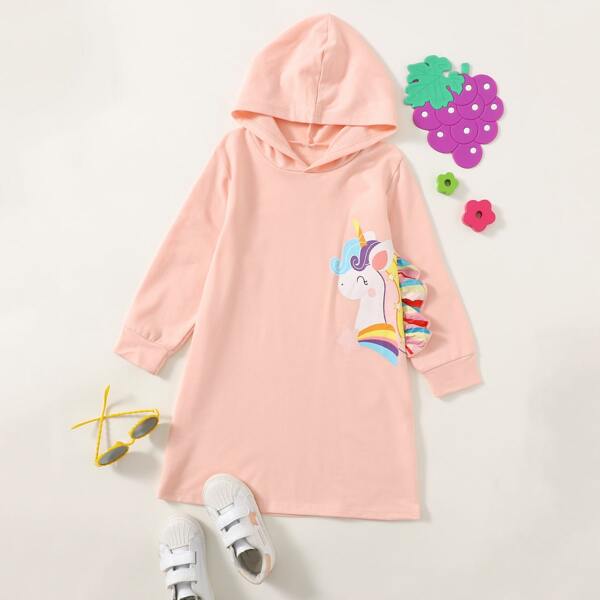 

Toddler Girls Ruffle Trimed Unicorn Print Hoodie Dress, Coral pink