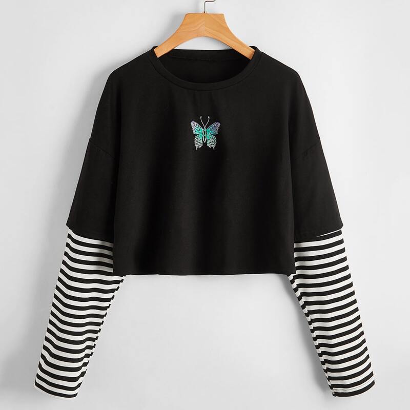 

2 In 1 Striped Sleeve Butterfly Graphic Oversized Tee, Black