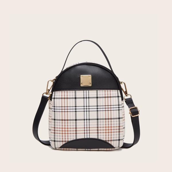

Metal Decor Curved Top Plaid Backpack, Black