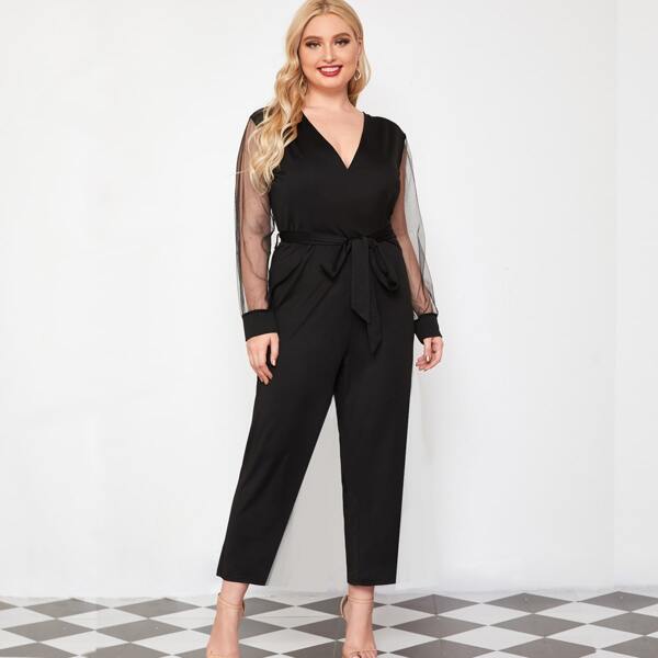 

Plus Contrast Mesh Sleeve Belted Jumpsuit, Black