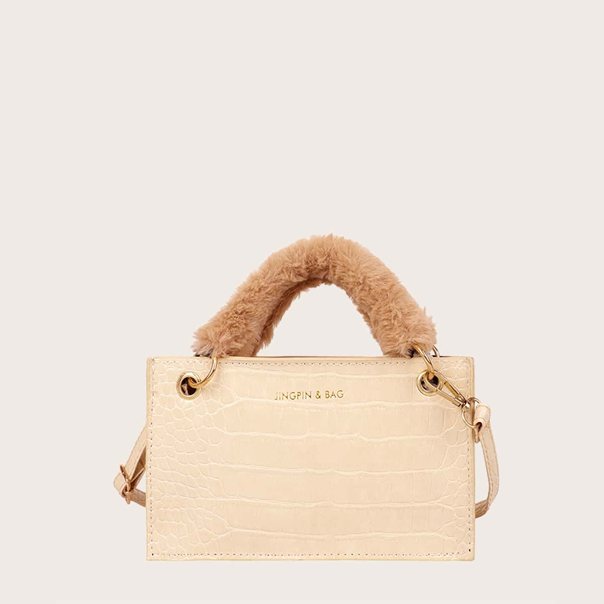

Faux Fur Handle Square Bag, Beige