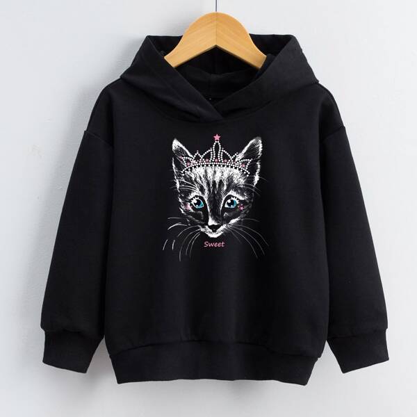 

Girls Cat And Letter Graphic Hooded Sweatshirt, Black