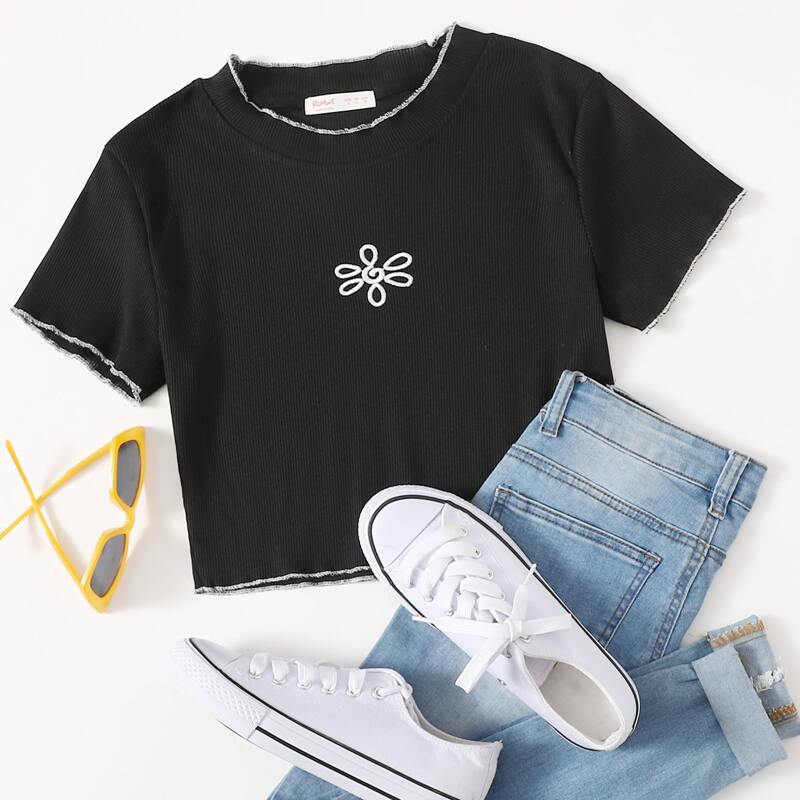 

Flower Embroidery Ribbed Crop Tee, Black