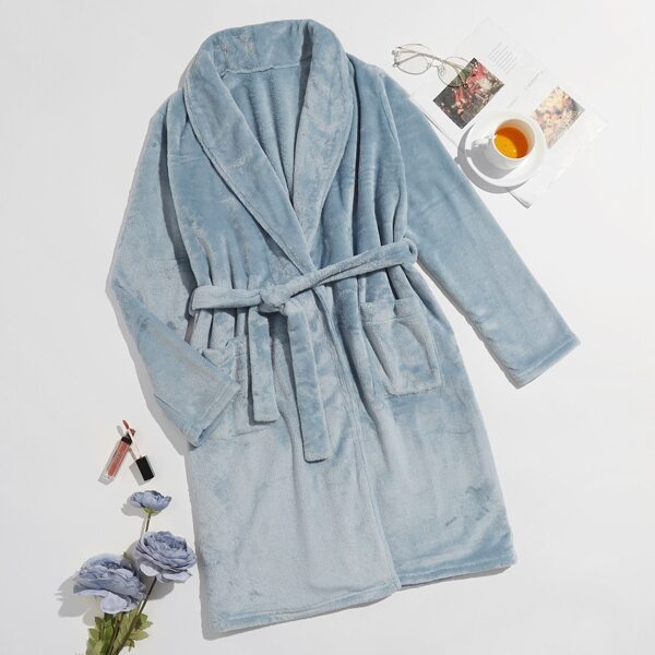 

Dual Pocket Shawl Collar Belted Flannel Robe, Baby blue