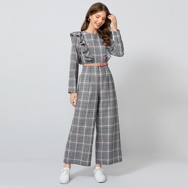 

Buttoned Front Ruffle Trim Wide Leg Plaid Jumpsuit With Belt, Grey