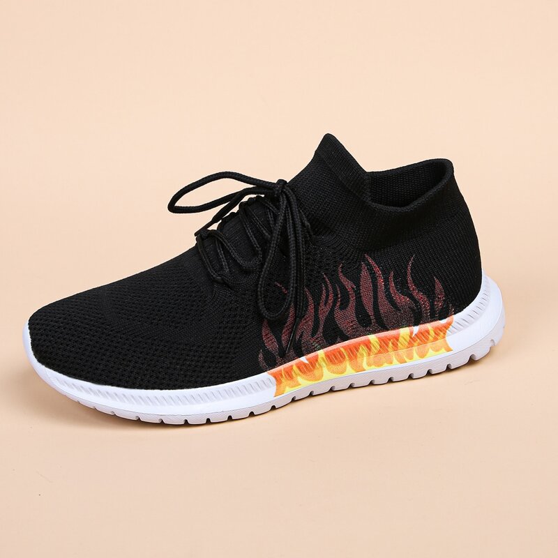 

Lace Up Decor Flame Print Sock Sneakers, Black